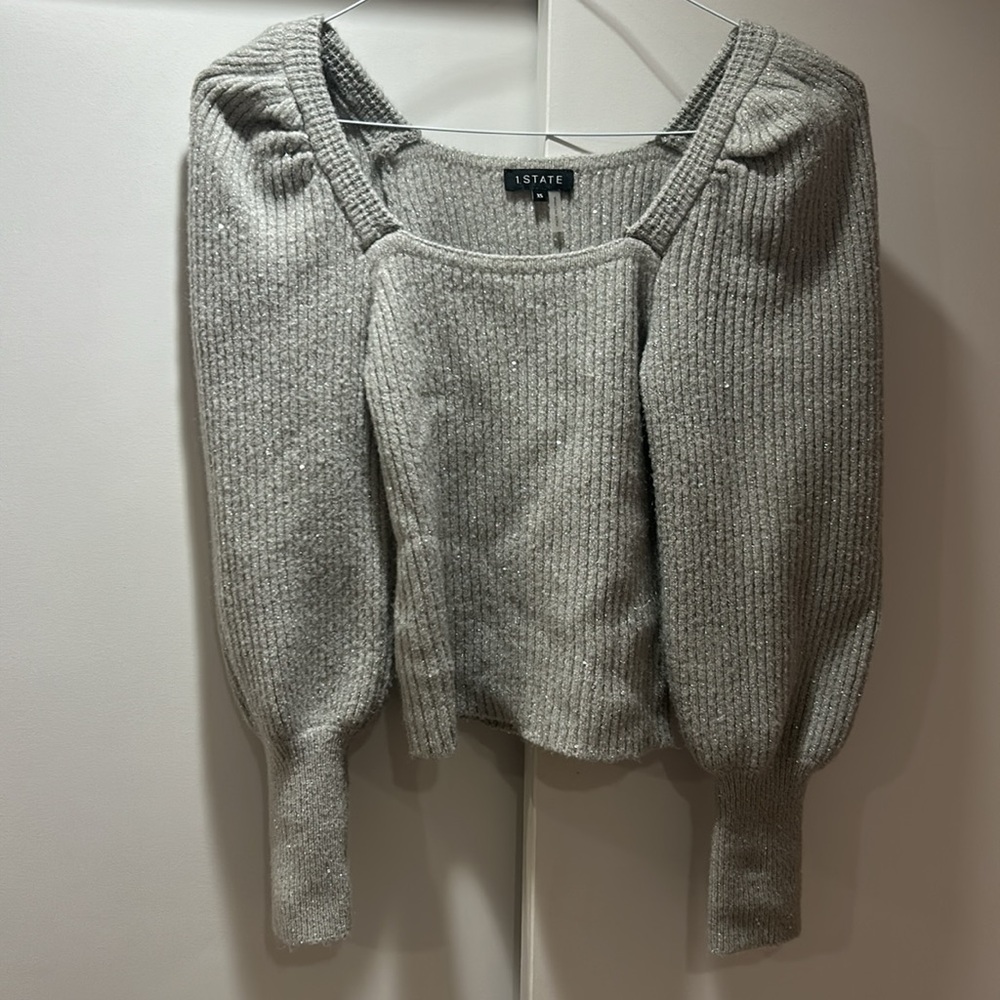 1.State squareneck statement sleeve silver gray sweater silver sequin detail XS